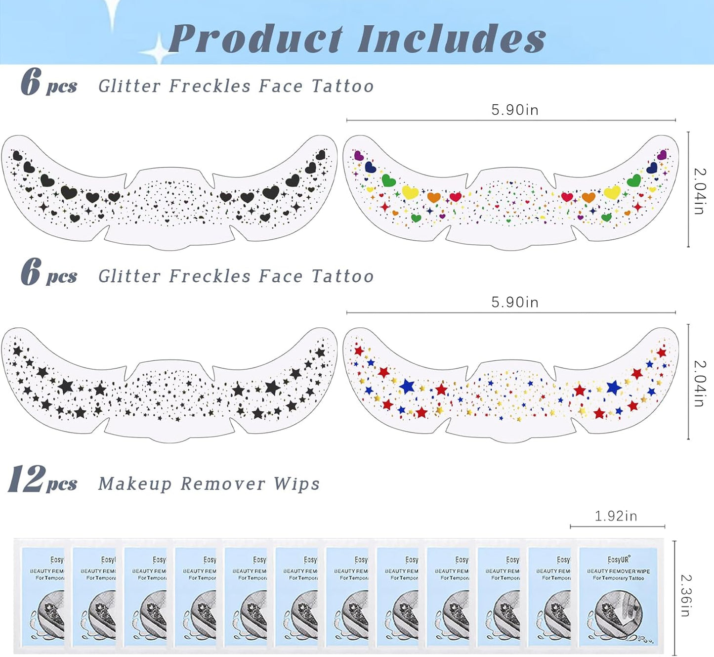 12pcs Rich Rainbow Color Glitter Freckles Face Tattoo, Waterproof Long Lasting Multicolor Speckles Patches for Women Kids, Cute Heart&Star Temporary Tattoo Makeup Rave Accessories for Festival
