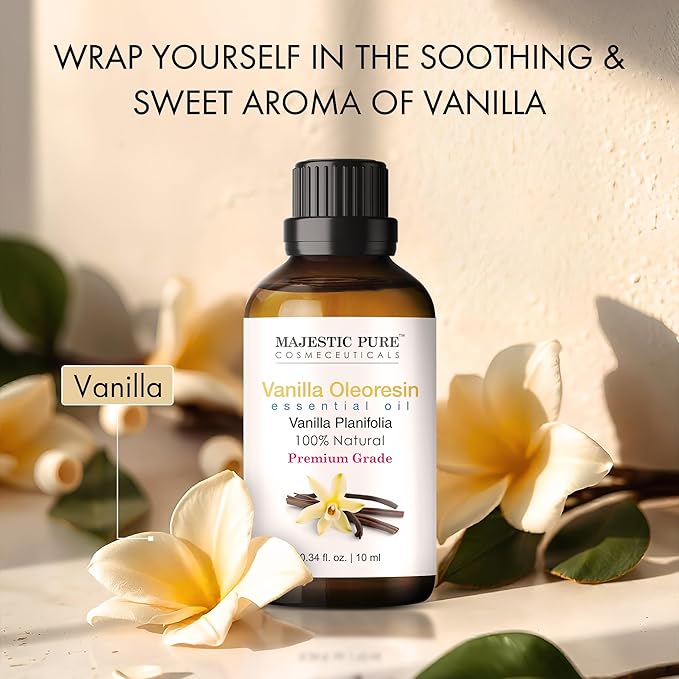 MAJESTIC PURE Vanilla Oleoresin Essential Oil | 100% Natural Oil with in-Build Euro Plastic Dropper | Premium Grade Essential Oils for Hair Care, Home Diffusers, Skin, Aromatherapy | 0.3 Fl Oz