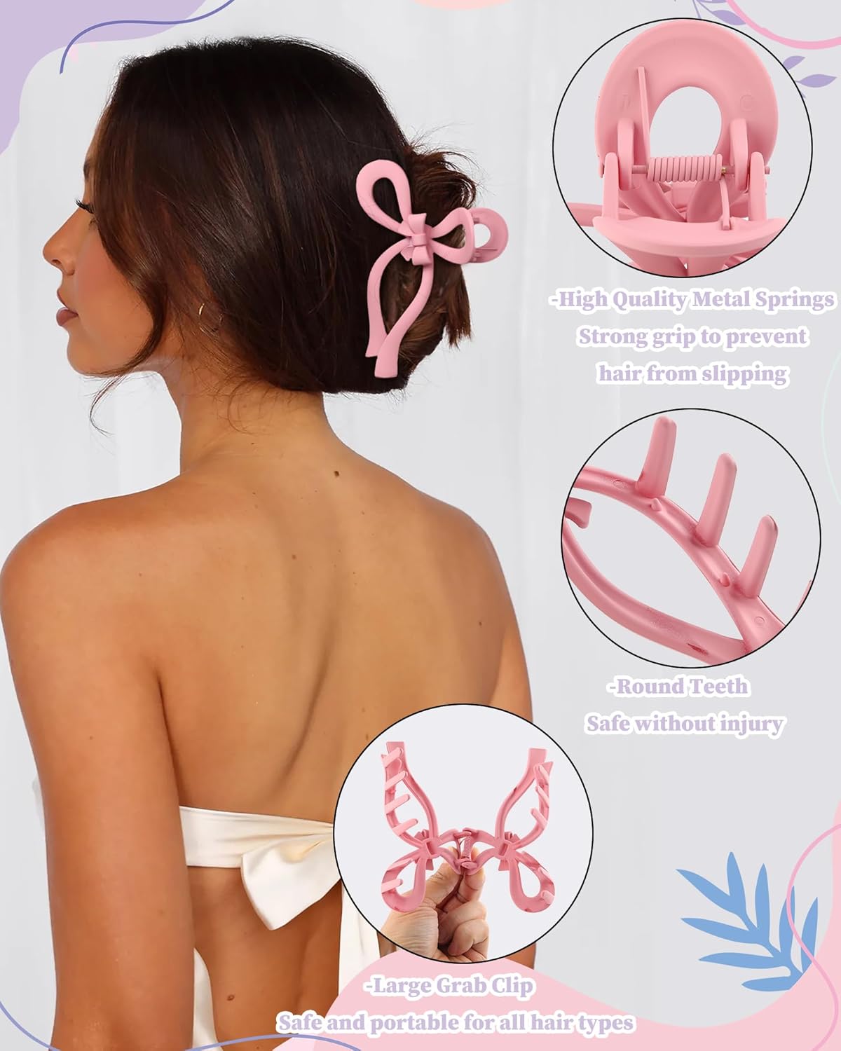 4 PCS Bow Hair Clips Bow Claw Clip for Women Nonslip Large Hair Claw Clips for Thin and Thick Hair Strong Hold Hair Bows (Pink+Blue+Green+Off-White)