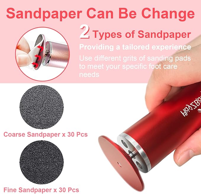 Electric Foot File - High Torque,Callus Remover for Feet,Adjustable Speed Foot File with 60 Pcs Sandpaper Discs,Professional Pedicure Tool for Dead Skin and Calluses (Red)