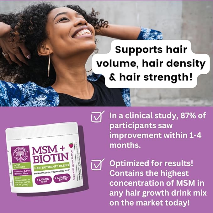 Qhemet Biologics MSM + Biotin Hair Nutrient Blend - Hair Vitamins Powder to Support Lush Volume - Bamboo Silica & Vitamins D3 + B12 for Hair Health - Jumpstart Your Rapid Hair Growth Journey (8.5 oz)