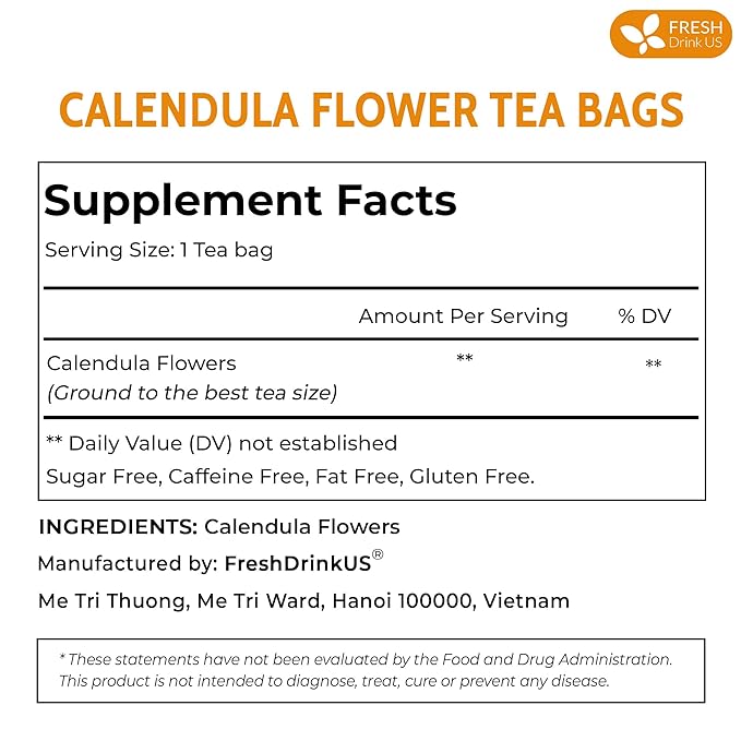 FRESHDRINKUS 75 Calendula Tea Bags, 100% Natural and Pure Calendula Flowers, Eco-conscious Tea Bags. Calendula Flower Herbal Tea. No Sugar, No Caffeine, No Gluten, Vegan.