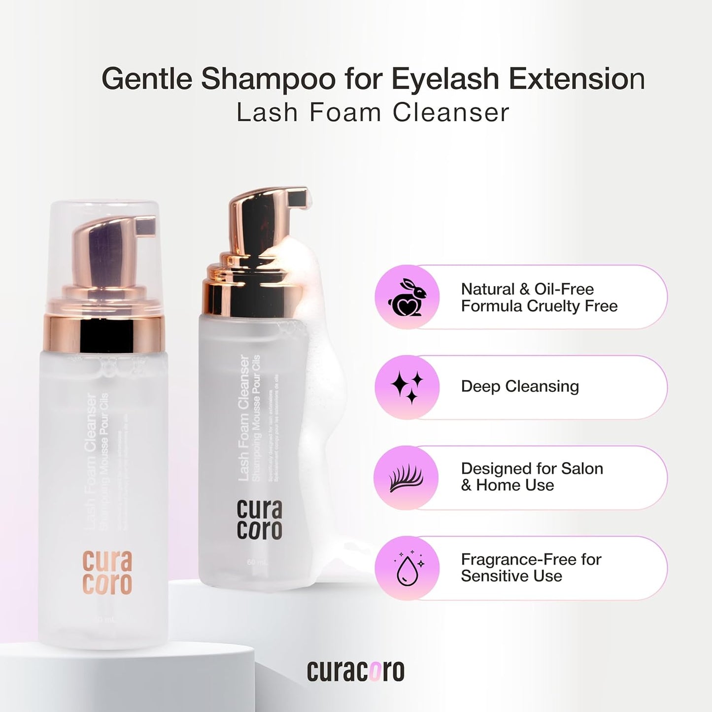 CURACORO 60ML Eyelash Extension Cleanser (Unscented) - Lash Shampoo for Lash Extensions, Eyelash Extension Foam Cleanser for Sensitive Skin, Removes Waterproof Makeup for Professional & Home Use