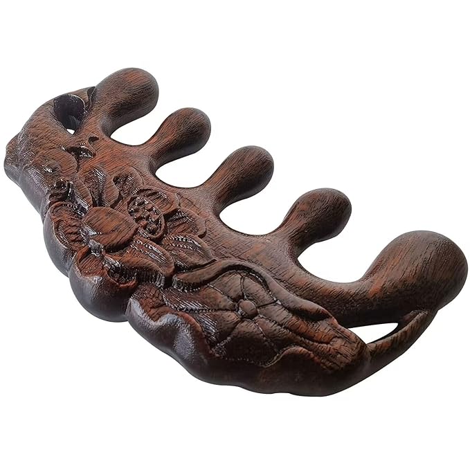 Wooden Massage Comb - 100% Natural Handmade Pure Wood Five-tooth Meridians Scalp Massager - No Static Wide Tooth Comb for Head - Scraping Massage Tool (Carving Style)