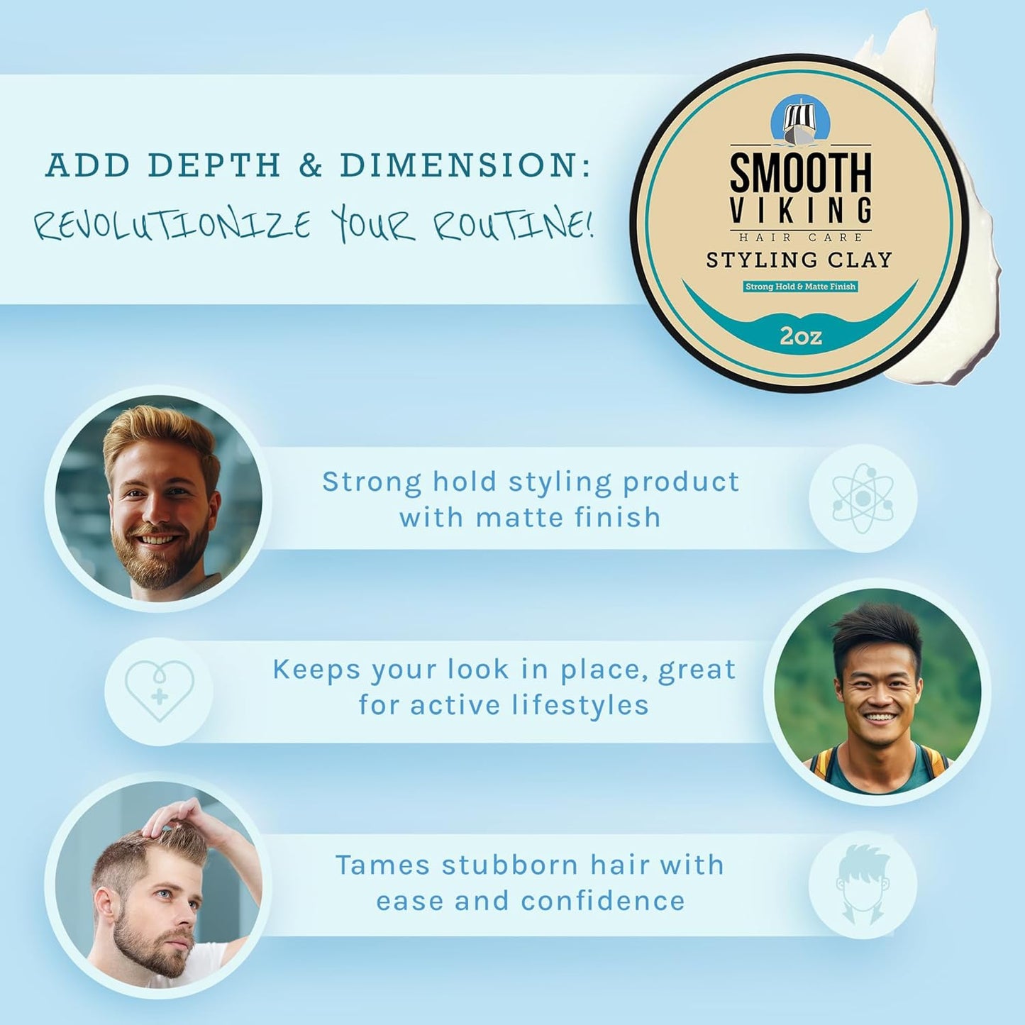 Smooth Viking Hair Clay for Men - Strong Hold Pomade, Hair Paste, Styling Clay With Matte Finish, Made in USA, 2oz