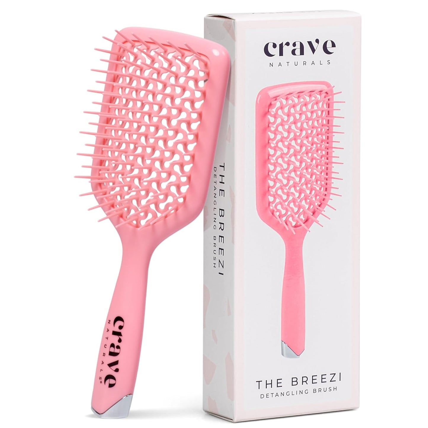 Crave Naturals Detangling Hair Brush - Vented Cushion Curly Hair Brush with Gentle Bristles for Wet or Dry Hair - Lightweight Wet Brush for Adults, Kids, and All Hair Types - 8.9x3.2x1.4-Inch (Pink)