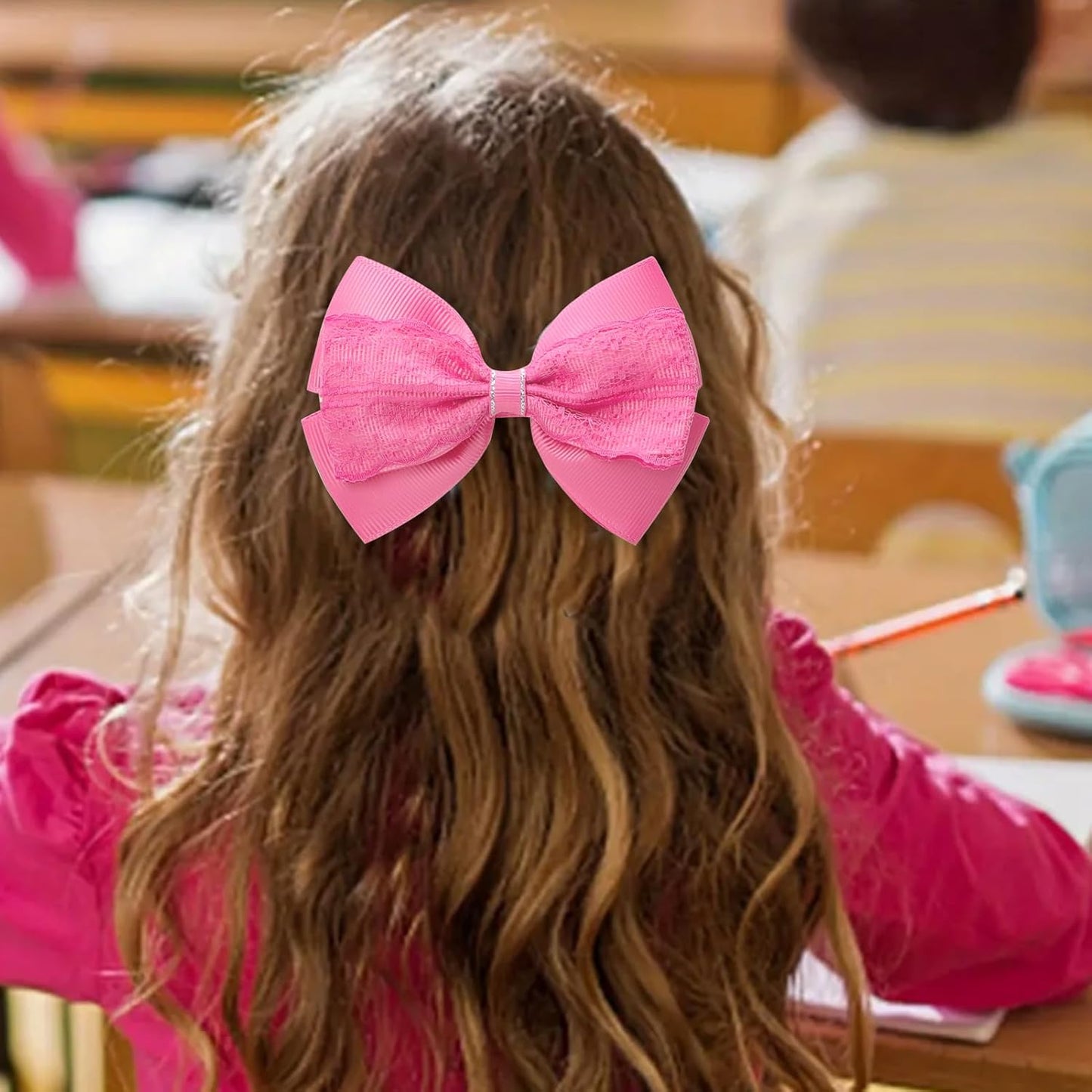 4-Inch Hair Bows Alligator Clips Delicate Lace Hair Accessories for Girls, Toddler, Kids and Women Daily Dress Up Birthday Wedding Christmas Occasions- Set of 2 (Hot Pink)