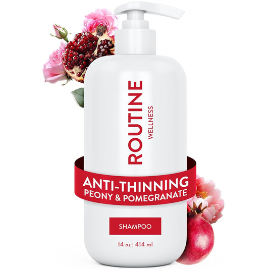 Routine Wellness Anti-Thinning Shampoo for Thinning Hair - Biotin DHT Blocker Women & Men - Color Safe Shampoo for Hair Loss & Healthy Hair - Peony & Pomegranate - 14oz