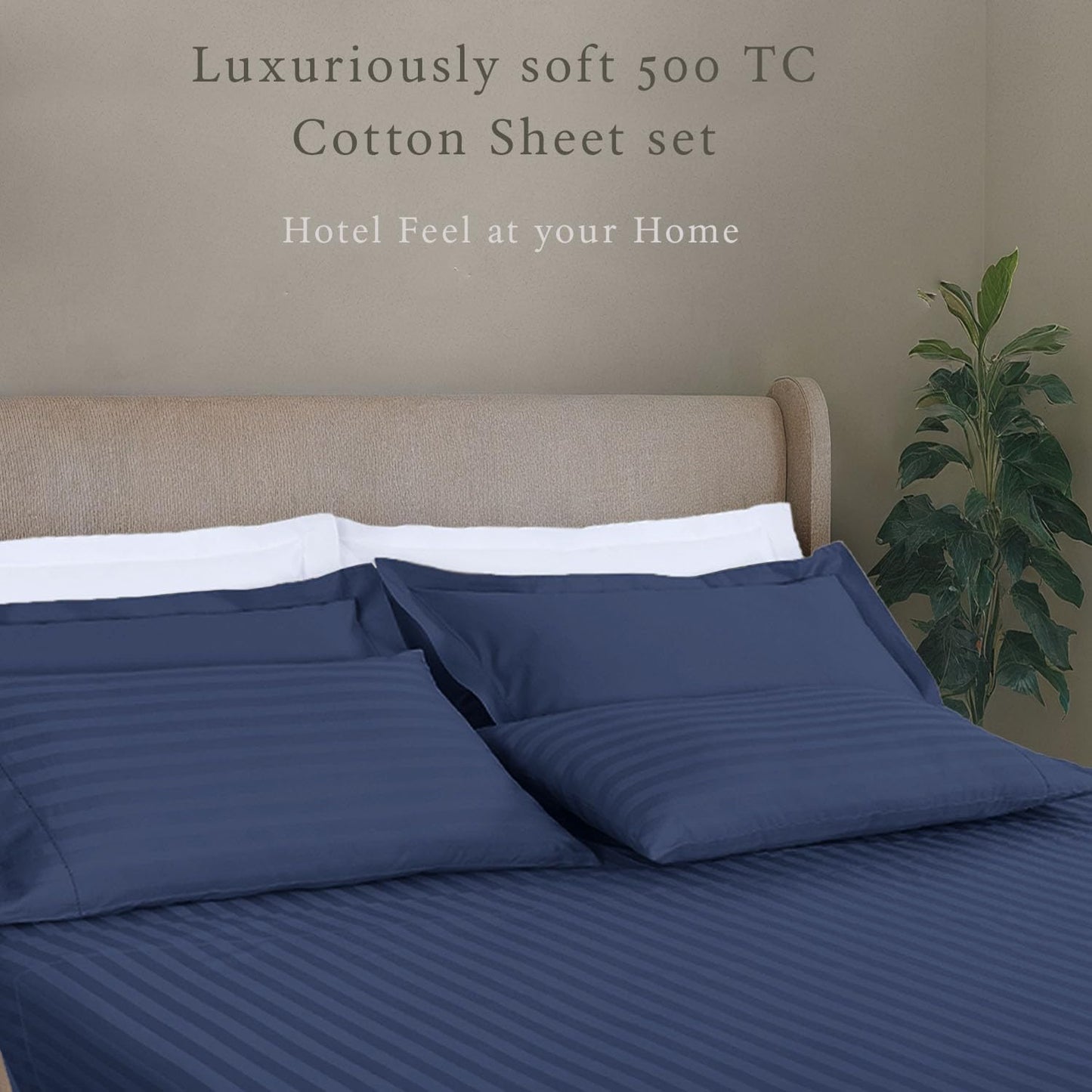 Threadmill 500 Thread Count Queen Size Damask Stripe, 4 Pc Luxury Cotton Sheet Set, Silky Smooth Folkstone Blue Sheets with 16" Elasticized Deep Pocket, 2 Pillowcases & Free Tote Bag