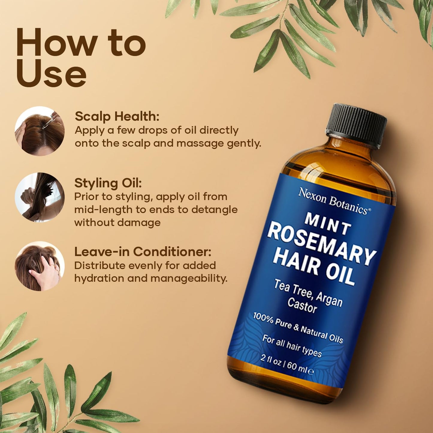 Mint Rosemary Oil for Hair Growth 2 fl oz – Lightweight, Non-Greasy Formula with Peppermint – Strengthens Strands for Healthier, Thicker Look – Nexon Botanics