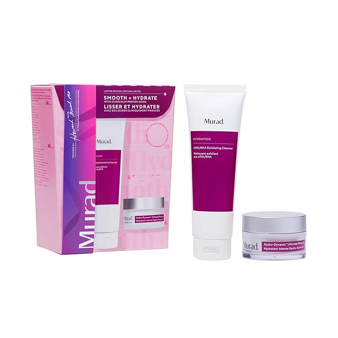 Murad Smooth + Hydrate - 2-Piece Full-Sized Set ($122 Value) - Exfoliatng Acids to Polish Dull Skin and Deliver Critical Hydration - AHA/BHA Cleanser 5.0Fl Oz, Hydro-Dynamic Moisture 1.7Fl Oz