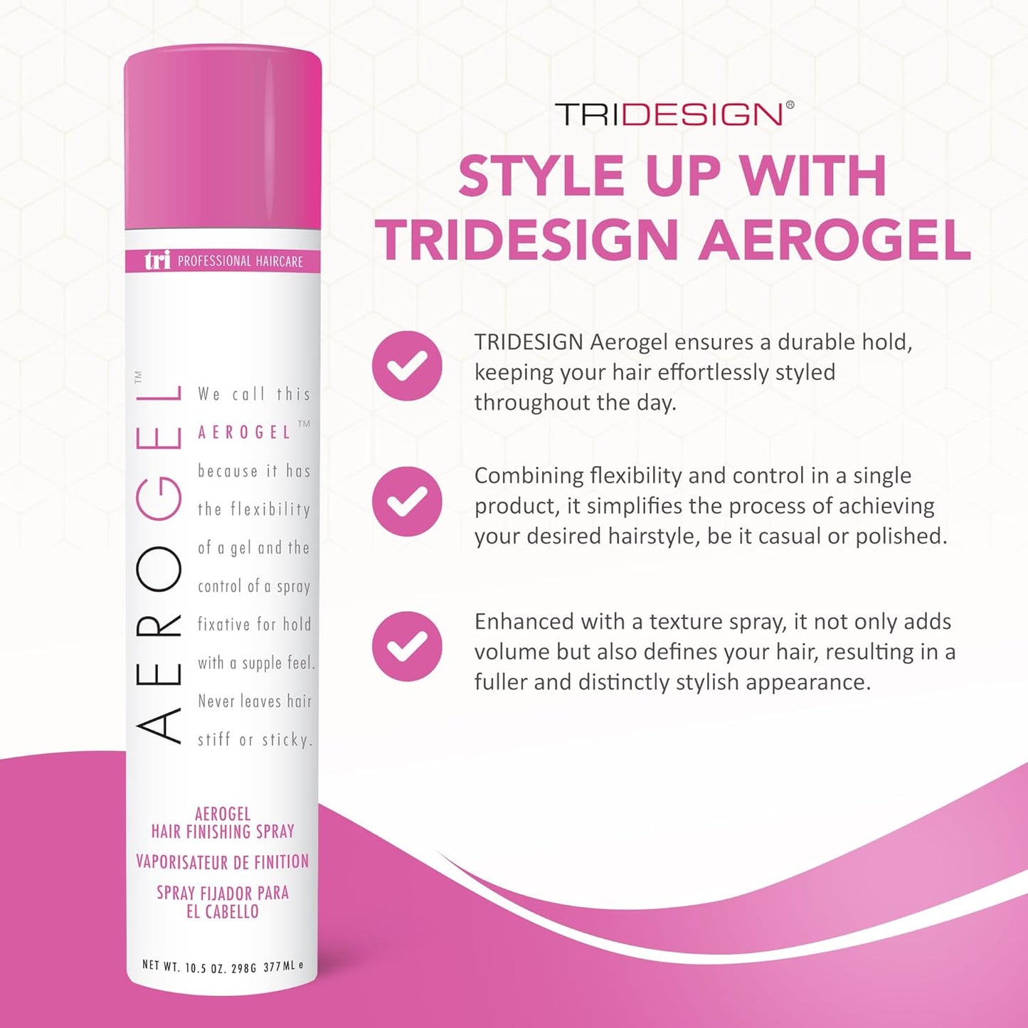 TRIDESIGN Aerogel Hairspray - Strong Hold Hair Finishing Spray for Volumizing & Control, Flexible Styling for All Hair Types, Non-Sticky and Scented - For Women and Men - Pack of 1 (10.5 Oz)