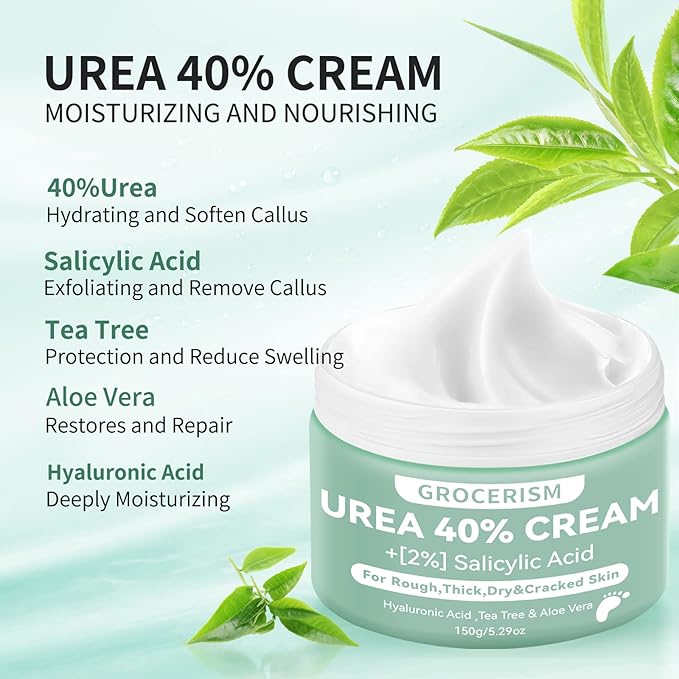 2 Packs Urea Cream 40% Plus 2% Salicylic Acid 5.30 oz || Foot Cream Maximum Strength with Hyaluronic Acid, Tea Tree, and Aloe Vera for Deep Moisturizes, Callus Remover and Soften