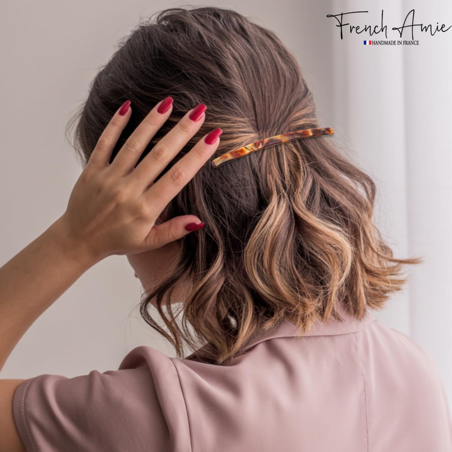 French Amie Long and Thin Caramel Large 4” Handmade Celluloid Automatic Sleek Hair Clip Barrette for Women and Girls (Caramel)