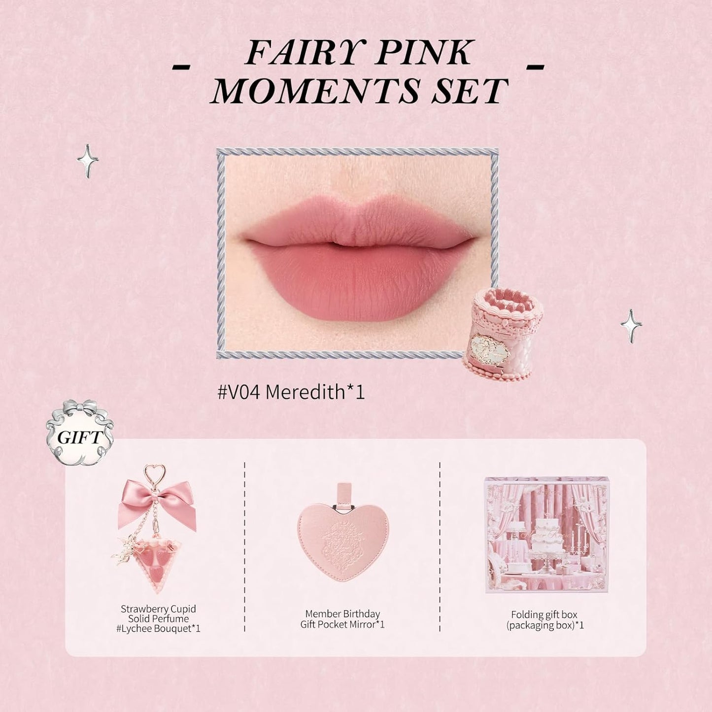 Flower Knows Strawberry Cupid 4-Piece Makeup Gift Box Set-Fairy Pink Moments Set, Lip Cream + Solid Perfume + Pocket Mirror + Folding Gift Box(01 Fairy Pink Moments Set)