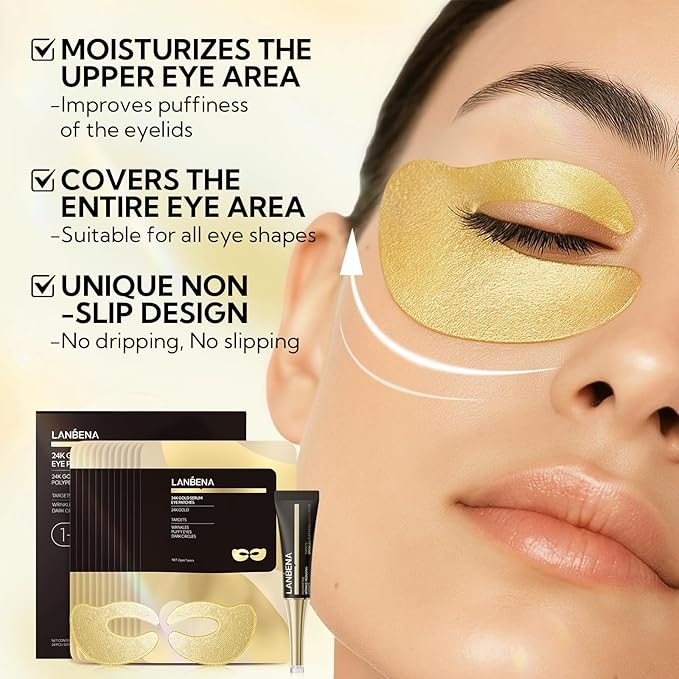 LANBENA Under Eye Patches (6 Pairs), Wrinkle-Reduce Essence(0.27 Fl.Oz), 24K Gold Full Around Gel Serum Mask, Puffy Undereye Treament, Fine Lines, Refresh, Hydrate| Paraben free, Eye Skin Care