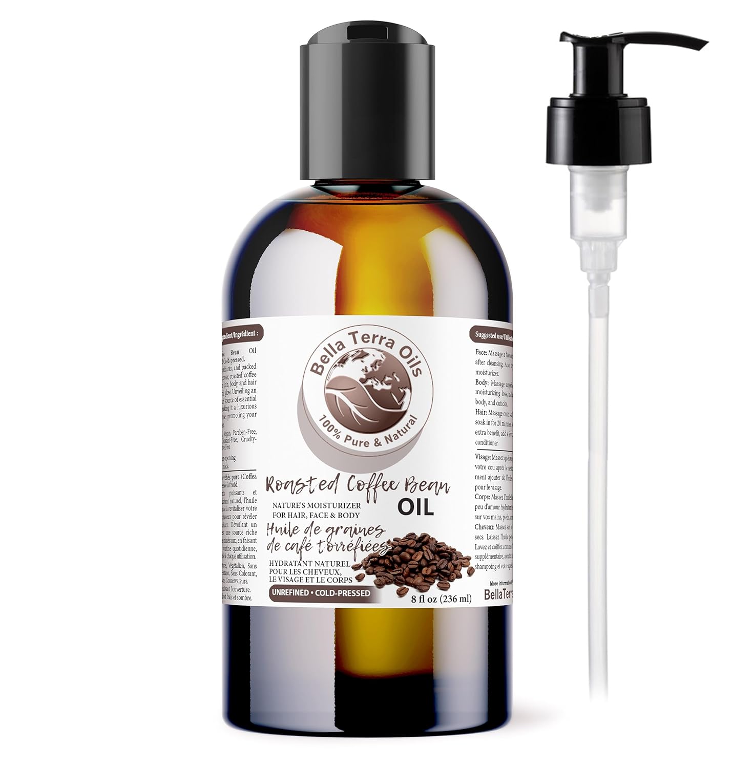 Bella Terra Oils – Roasted Bean Oil 8 oz – Pure Extract from Roasted Seeds, Enriched with Fatty Acids, An Elixir for Skin
