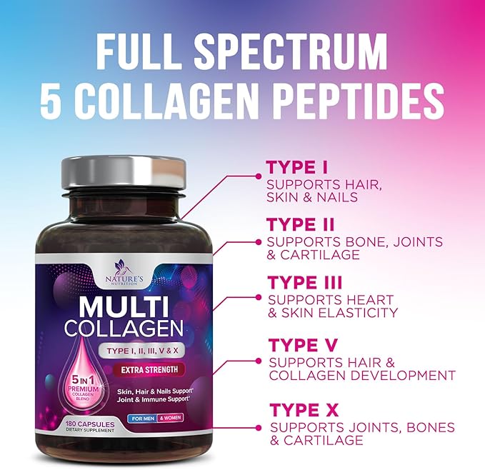 Collagen Peptides for Women & Men - Type I, II, III, V, X Multi Collagen Pills, Hydrolyzed Collagen Peptides Supplements, Nature's Hair, Skin, Nail, and Joint Support Supplement, Non-GMO, 180 Capsules