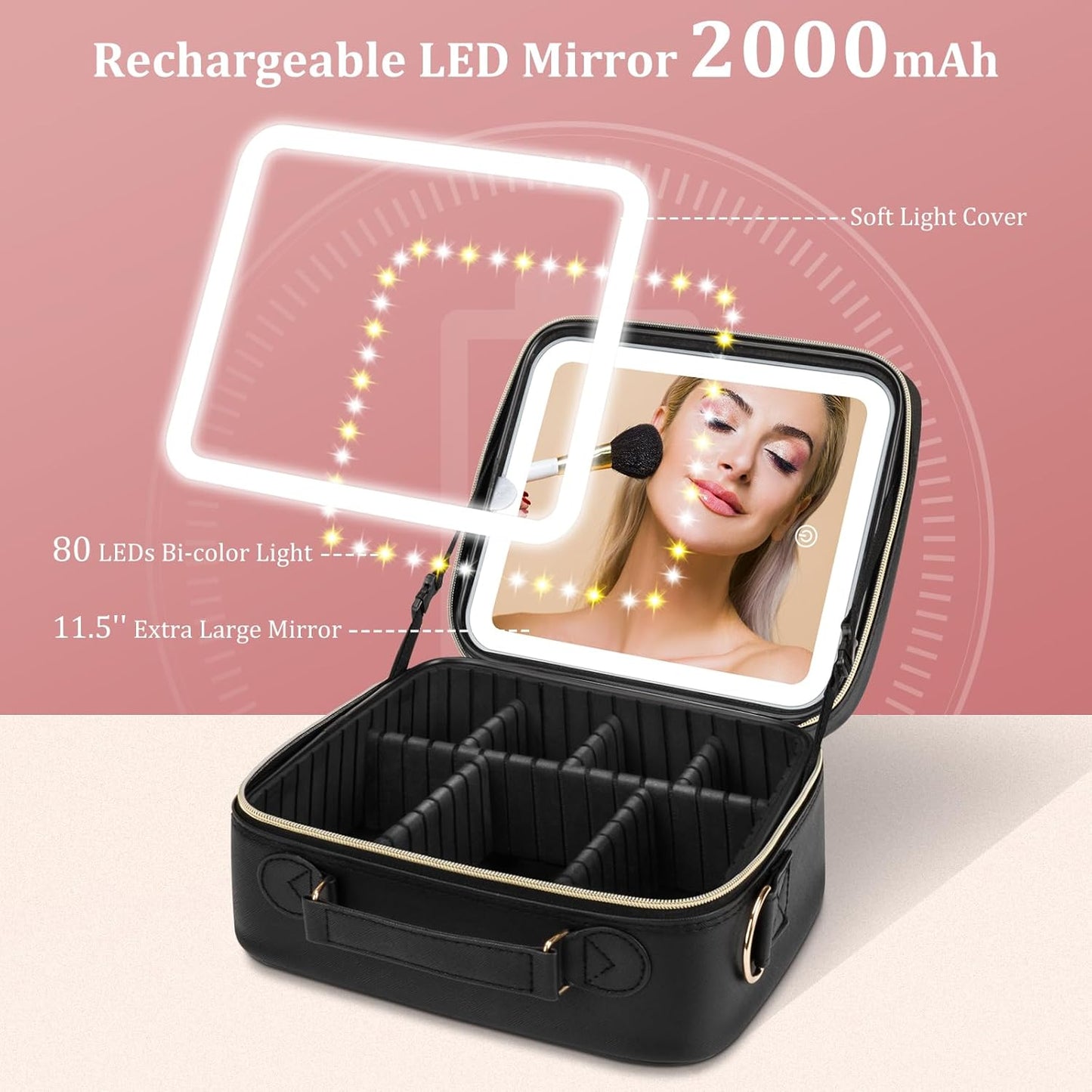 Makeup Bag with LED Mirror, [3 Color and Stepless Dimmable] Rechargeable LED Light for Makeup Bag Train Case with Brushes Storage Organizer, Travel Box Cosmetic Bag for Women - Black