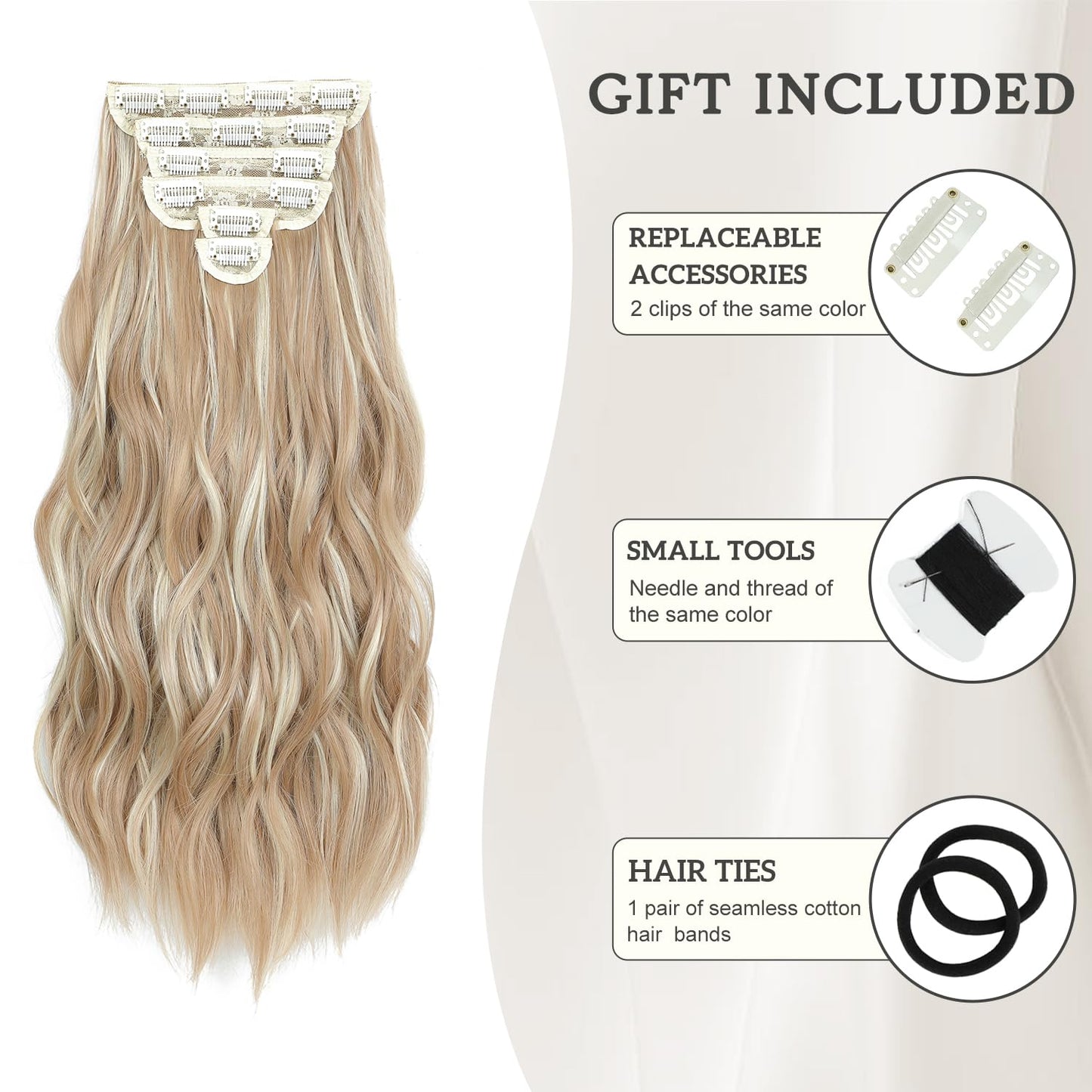 Clip in Hair Extensions, 6 PCS Natural & Soft Hair & Blends Well Hair Extensions, Synthetic Long Wavy Hairpieces(24inch, 6pcs,Honey Blonde with Platinum Highlights)