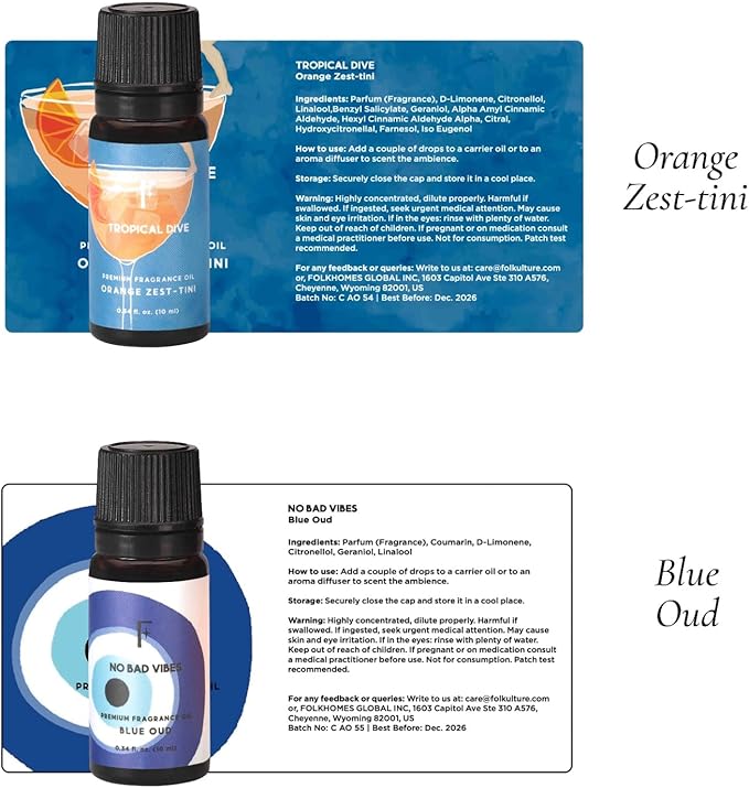 Folkulture Summer Essential Oils for Diffuser for Home | Set of 6 Premium Beach Oil Set | Oil Diffuser Summer Essential Oils for Candle Making Set for Women - Neroli & Grapefruit