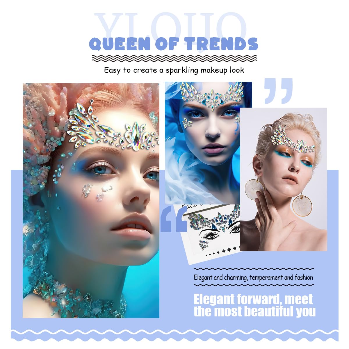 Mermaid Face Gems Stickers Rhinestone Colorful Glitter Gems Temporary Face Tattoo Stickers for Women Girl Halloween Cosplay Christmas Music Carnival Party Makeup (2 Pack)