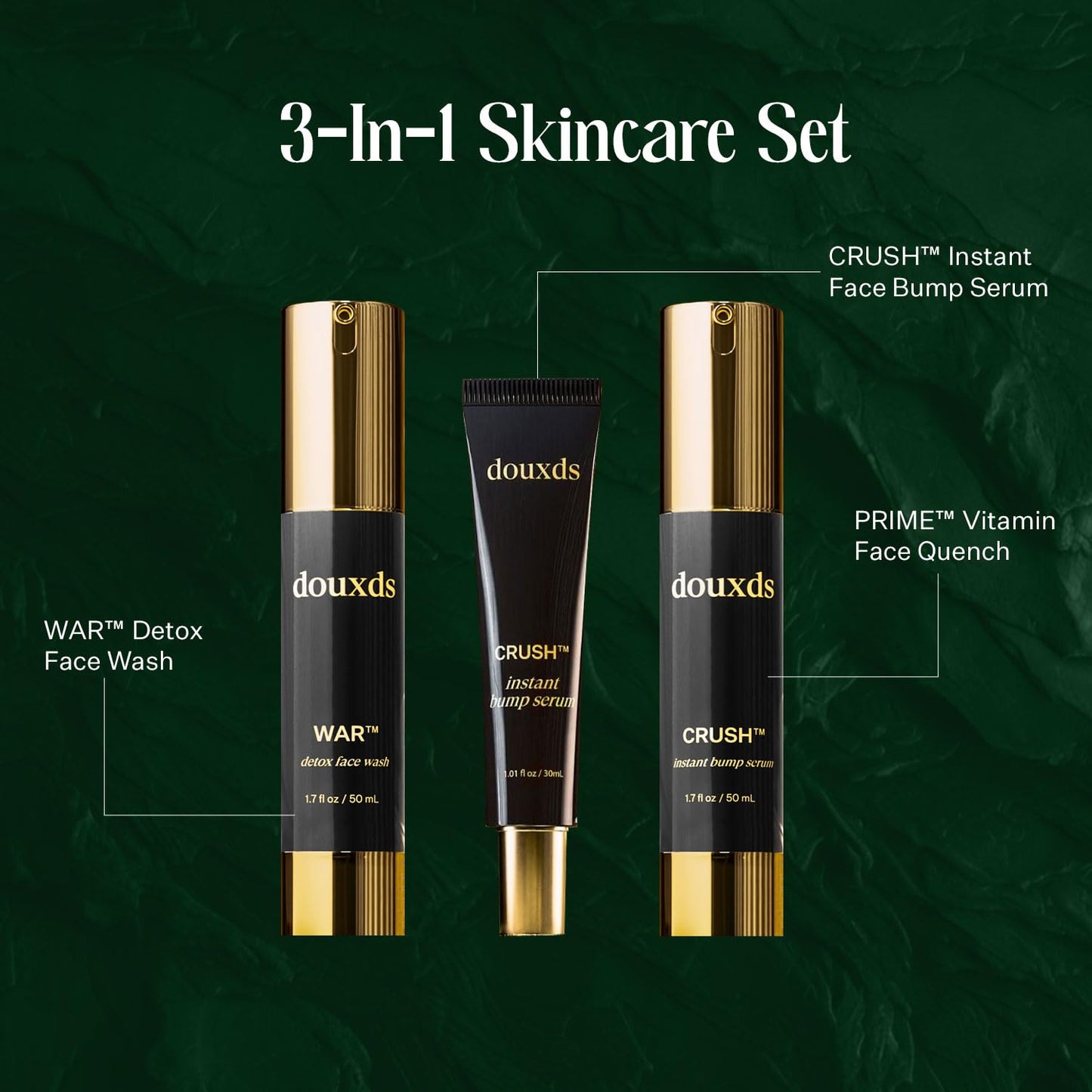 douxds The Vitals Set, WAR™ Charcoal Face Wash, PRIME™ Vitamin Face Quench, CRUSH™ Instant Bump Serum Skincare Trio, Men’s Skincare, Ingrown Hair, Pore Cleaner, Acne Treatment, Pack of 3, 50 ml each