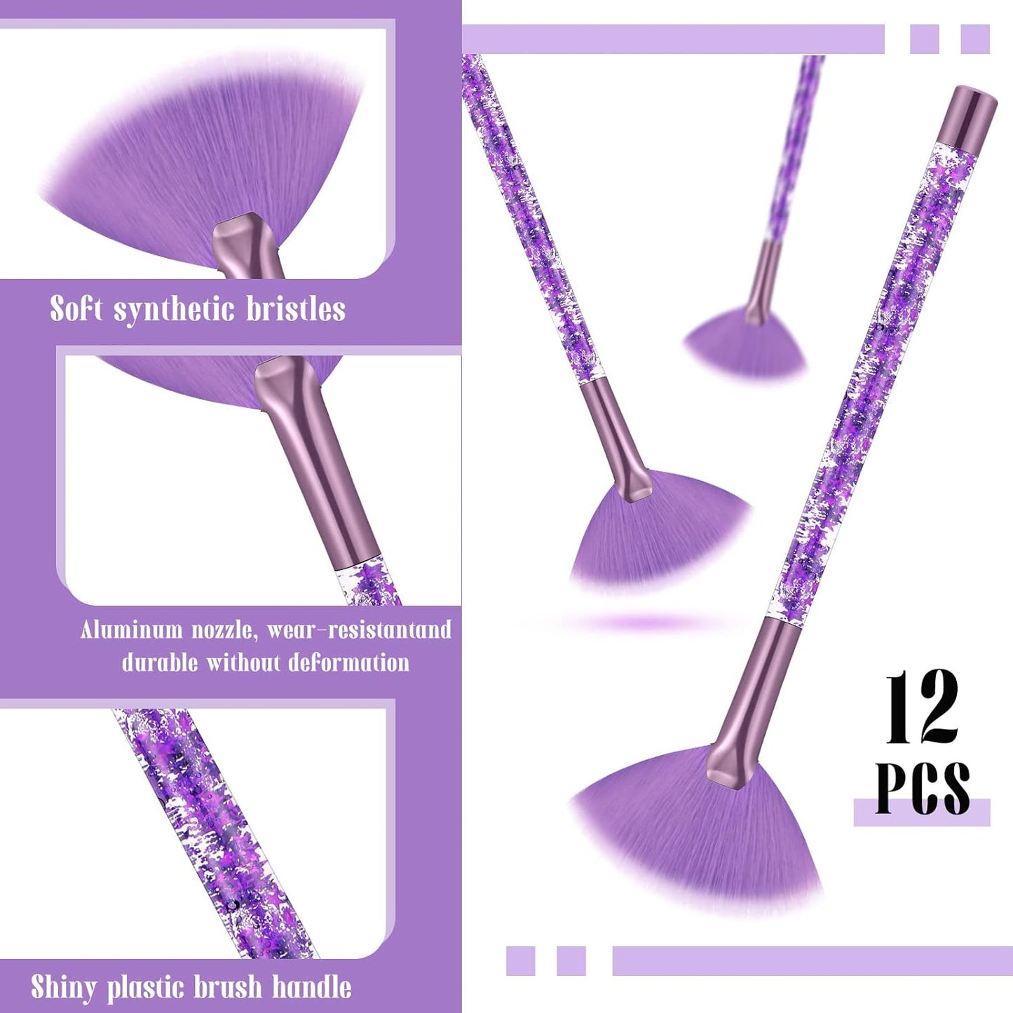 Nuenen 12 Pcs Soft Fan Facial Brushes Mask Acid Applicator Brush for Mud Cream Blush Makeup Peel Glycolic Multi Use Cosmetic Tools with Glitter Quicksand Handle and Pouch(Purple)
