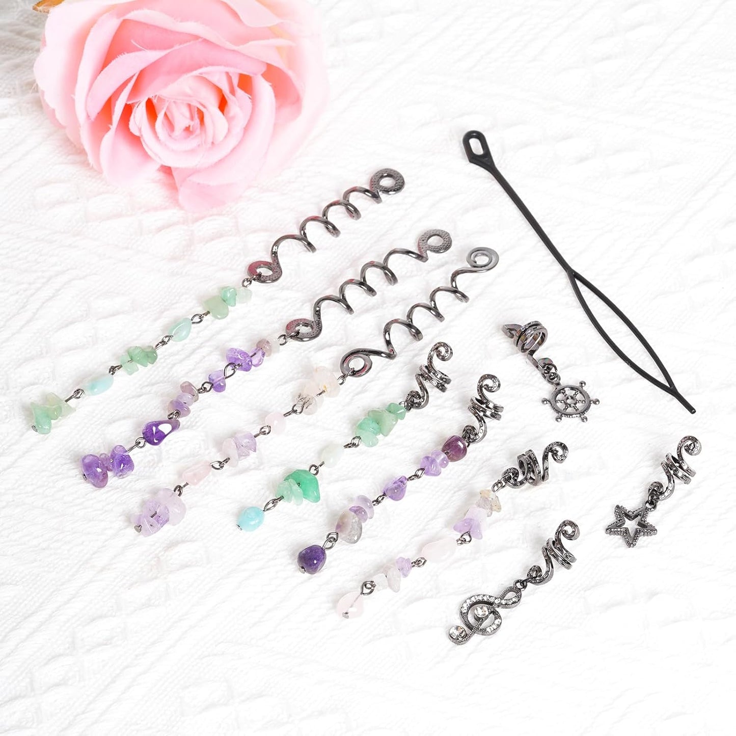 hoyuwak 40Pcs Hair Jewelry for Braids Loc Dreadlock Accessories Hair Beads Clips Cuffs Charms Rings for Women Grls Rave Punk Hairstyle Decoration, Black