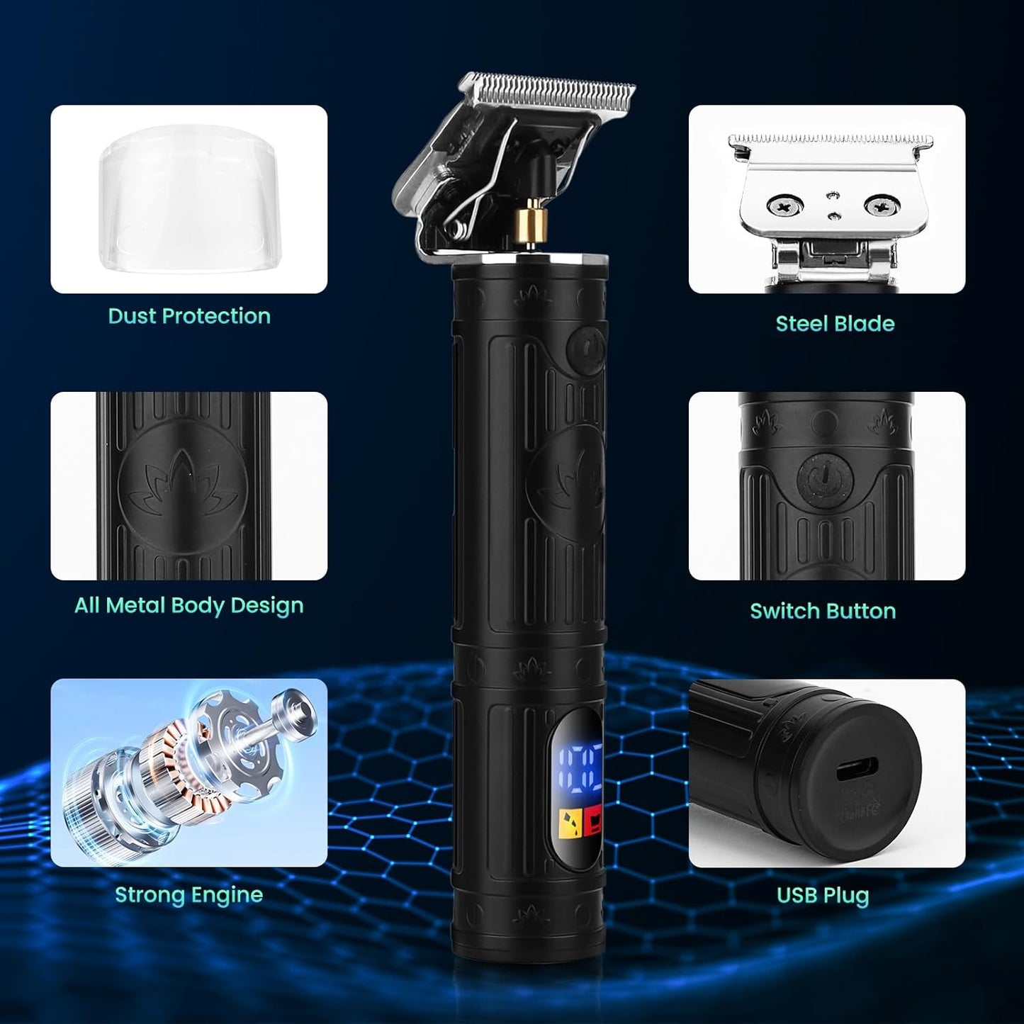 Soonsell Hair Clippers for Men T-Blade Trimmer Set,Man Professional Cordless Barber Clippers Set,Blade Close Cutting Beard Trimmer,LED Display（Black）