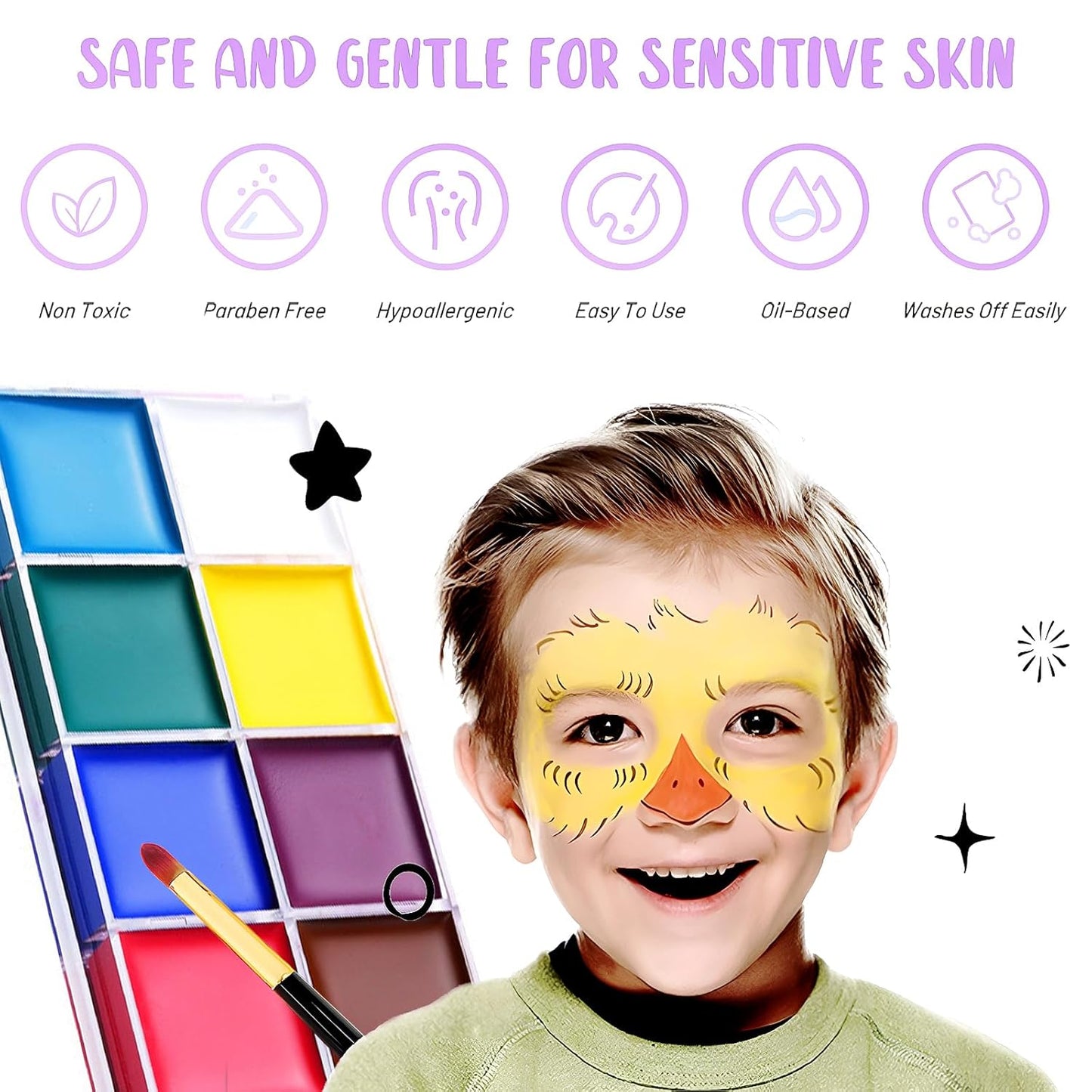 Face Paint Kit, Painting Palette with Brushes Body Paint Face Makeup Safe and Easy to Clean for Halloween Carnivals Cosplay Party Stage Performances (12 Colors + 10 Brushes)