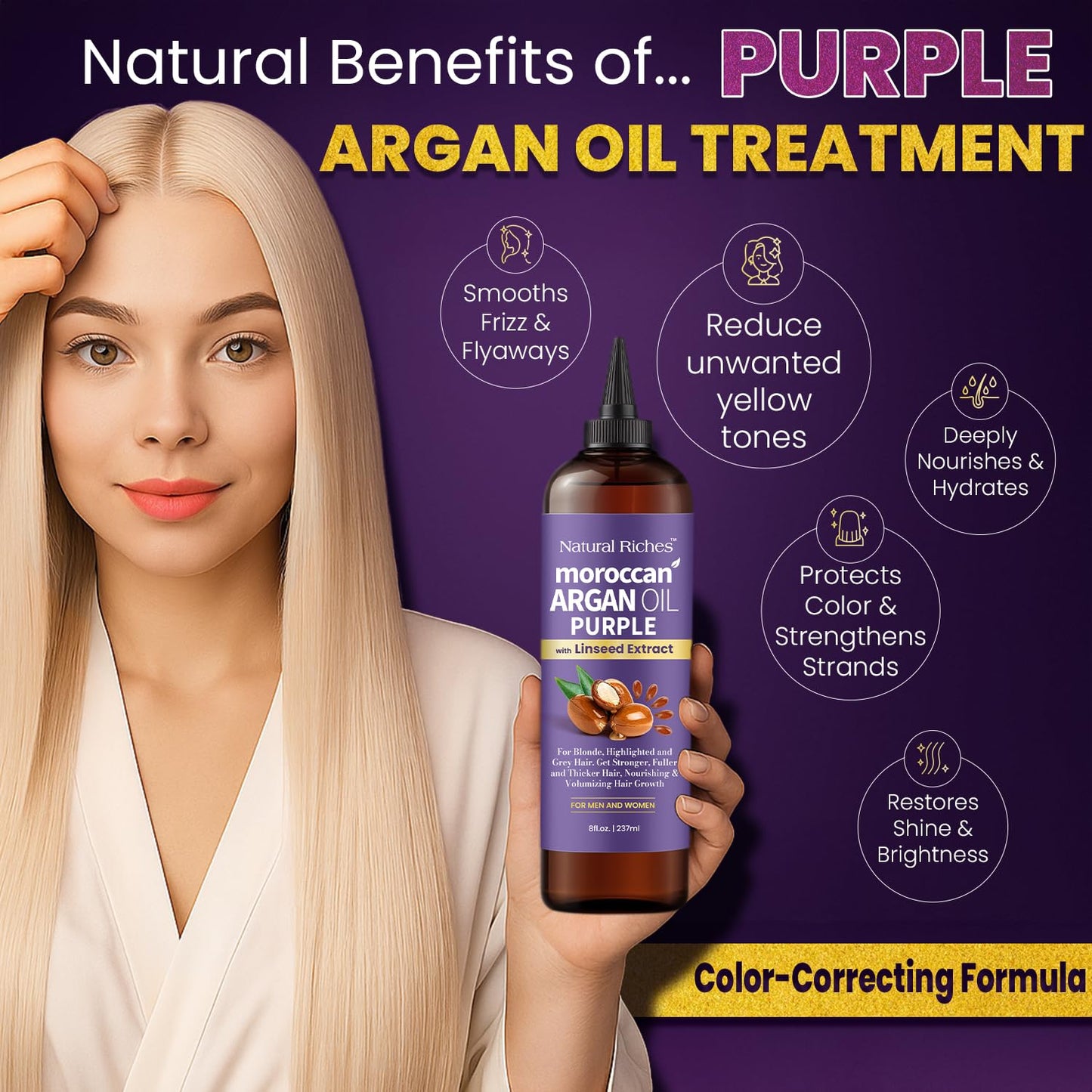 Natural Riches Moroccan Argan Oil Purple, Anti-Brass Hair Treatment with Linseed Extract for Silver Blonde Platinum Hair removes Yellow & Brass tones. Grey Highlighted Hair 8 fl oz