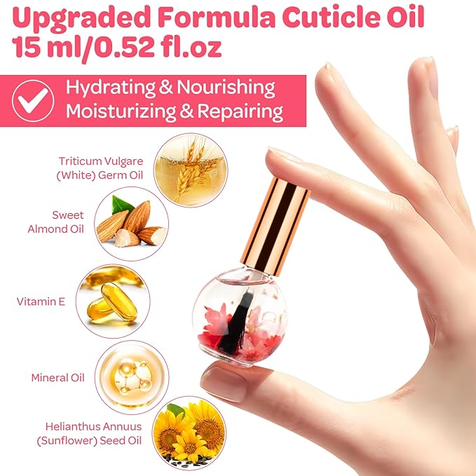 JIASHENG Cuticle Oil, Strawberry Scented Cuticle Nail Oil Infused with Real Flowers, Hydrates, Moisturizes, Strengthens, Repairs, Revitalizing Cuticle Oils for Nails Damage Dry Cuticle, 15ml