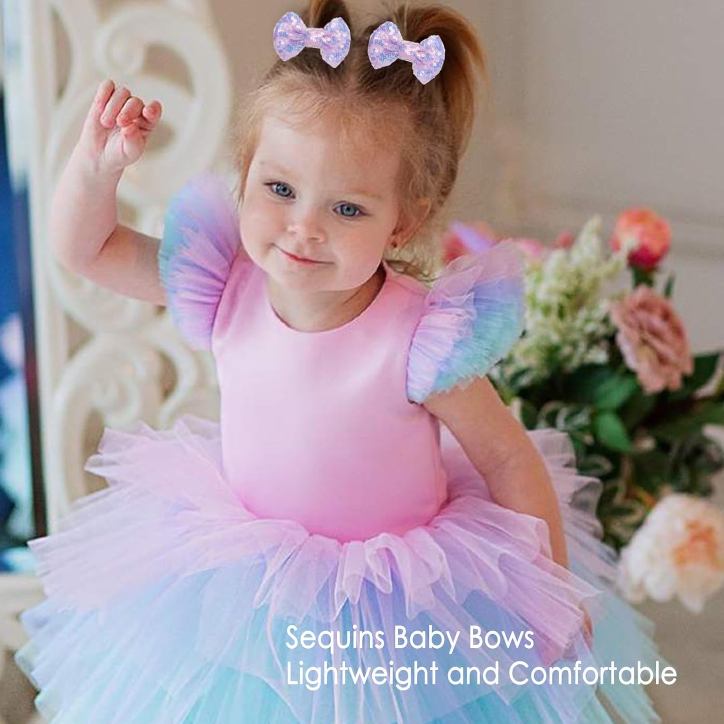 KISZU 3 Inch Glitter Hair Bows Clips, Sparkling Sequin Little Bow HairPins for Baby Girls Children Teens and Women (Light Purple)