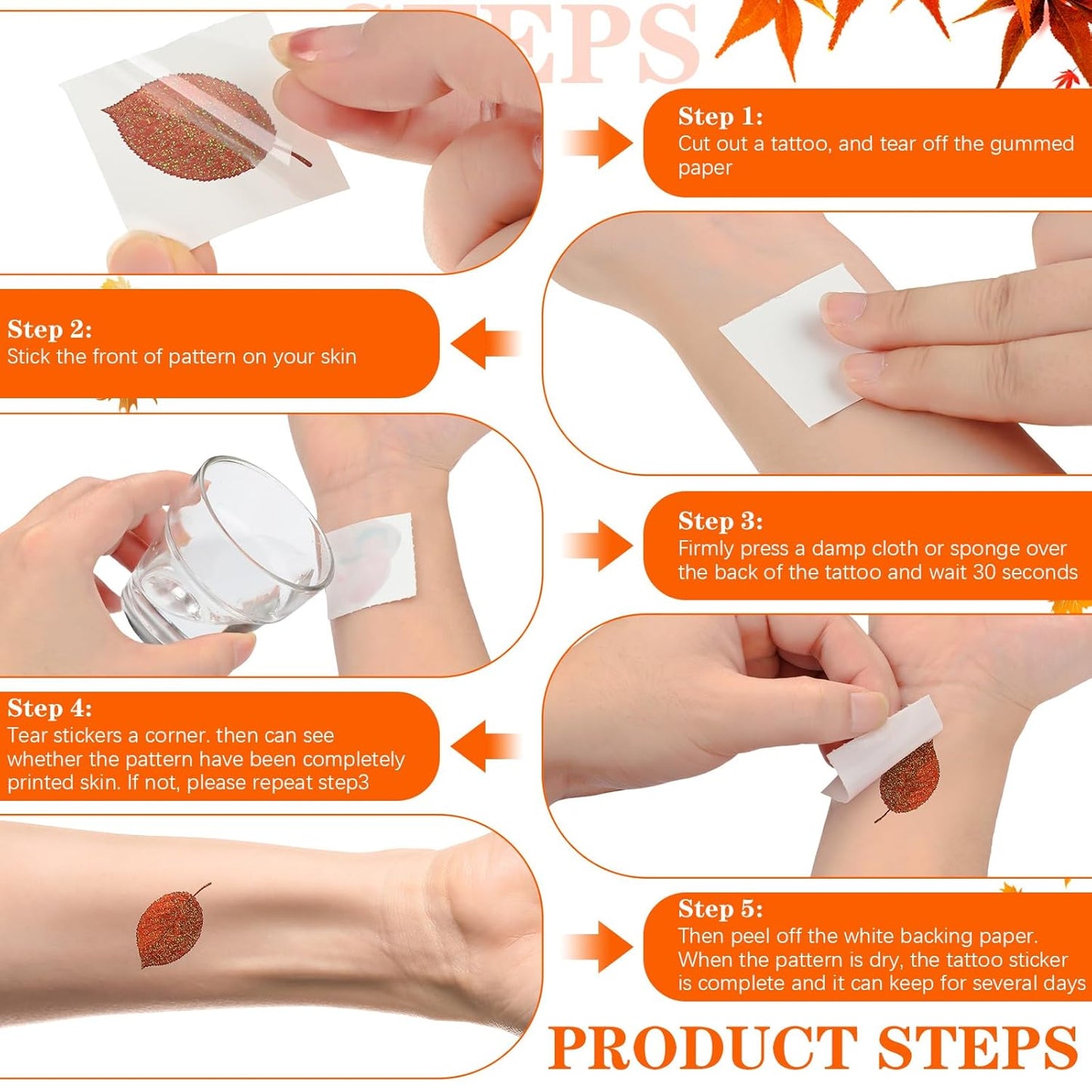 Nosiny 240 Pcs Fall Glitter Temporary Tattoos - Maple Leaves Stickers Autumn Tattoo Sticker Fall Leaves Glitter Tattoos for Thanksgiving Party Body Face Women Men Kids