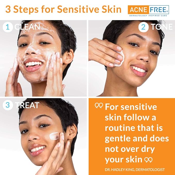 Acne Free 3-Step Acne Treatment Kit with Salicylic Acid Face Wash, Alcohol-Free Toner, & Benzoyl Peroxide Lotion for Sensitive Skin and Fighting Breakouts, 24 Hour Face Clearing System