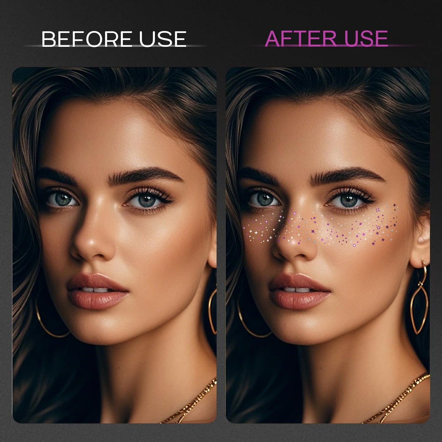 8 Pcs Purple and Silver Face Makeup Patches, Purple & Silver Glitter Freckles Face Tattoo, Halloween Glitter Freckles, Sparkle Makeup Patches, Waterproof Face Glitter Speckles Patches for Women