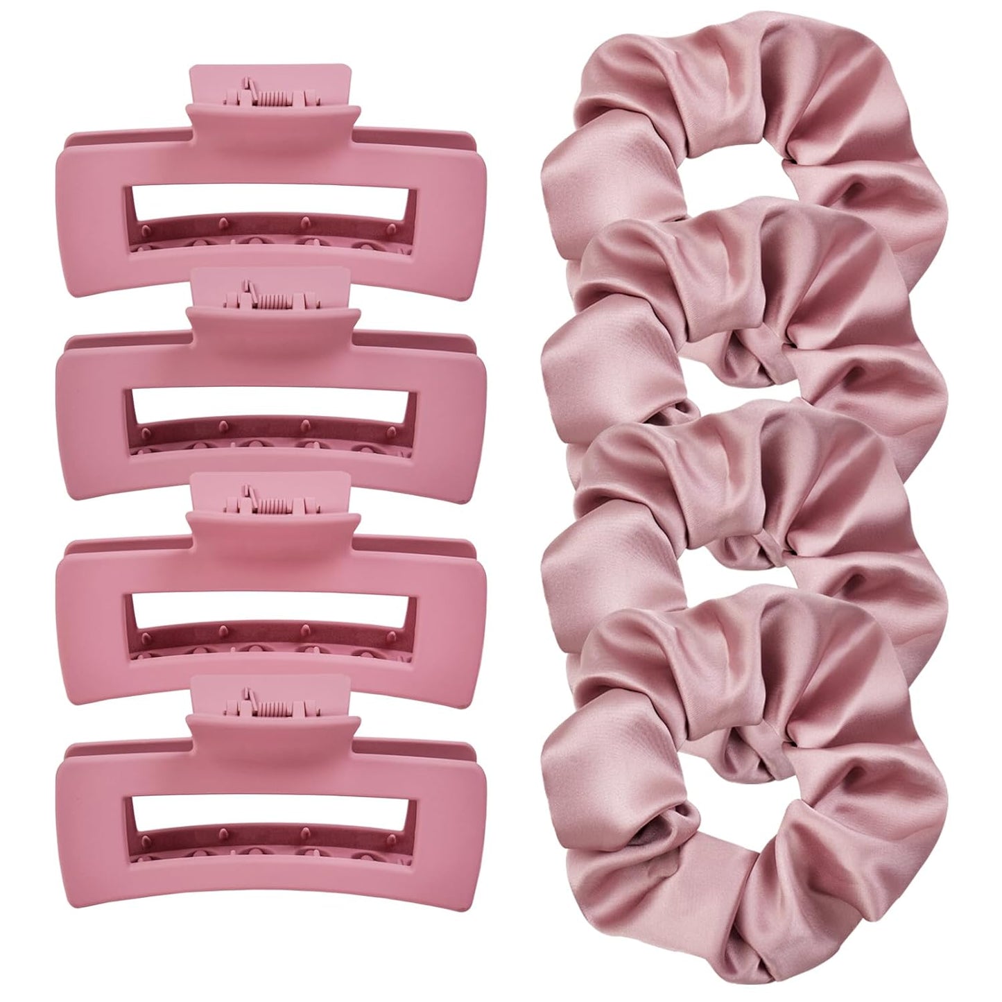 8 Pcs Pink Claw Clips and Hair Scrunchies Set – Square Hair Clips for Women, Medium Non-Slip Matte, Large Satin Scrunchies, Hair Accessories for Thick Thin Hair, Party, Daily Use – Dusty Rose