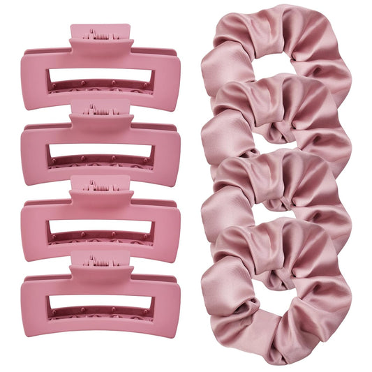 8 Pcs Pink Claw Clips and Hair Scrunchies Set – Square Hair Clips for Women, Medium Non-Slip Matte, Large Satin Scrunchies, Hair Accessories for Thick Thin Hair, Party, Daily Use – Dusty Rose