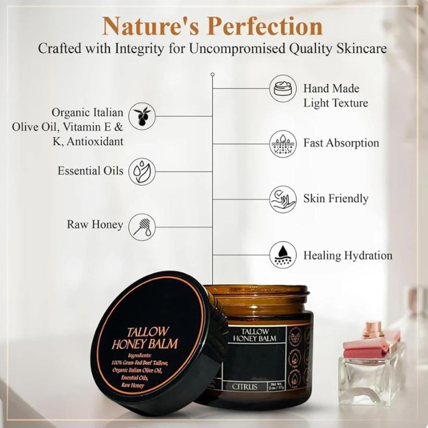 Tallow Honey Balm, Organic Grass-Fed Beef Tallow Balm with Raw Honey, Deeply Nourishes and Hydrates The Skin, Moisturizing Lip Cream, Natural Soothing Moisturizer for All Skin Type