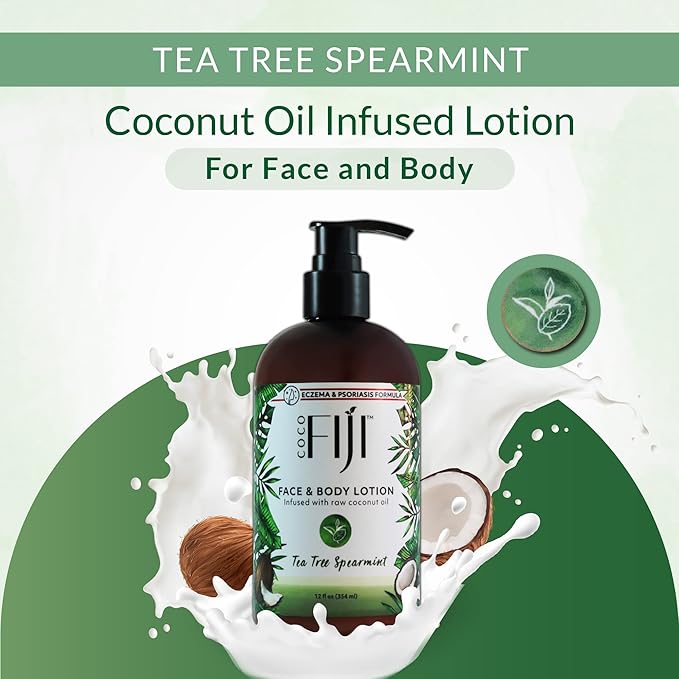 Coco Fiji Face & Body Lotion Infused With Coconut Oil | Lotion for Dry Skin | Moisturizer Face Cream & Massage Lotion for Women & Men | Tea Tree Spearmint 12 oz, Pack of 3