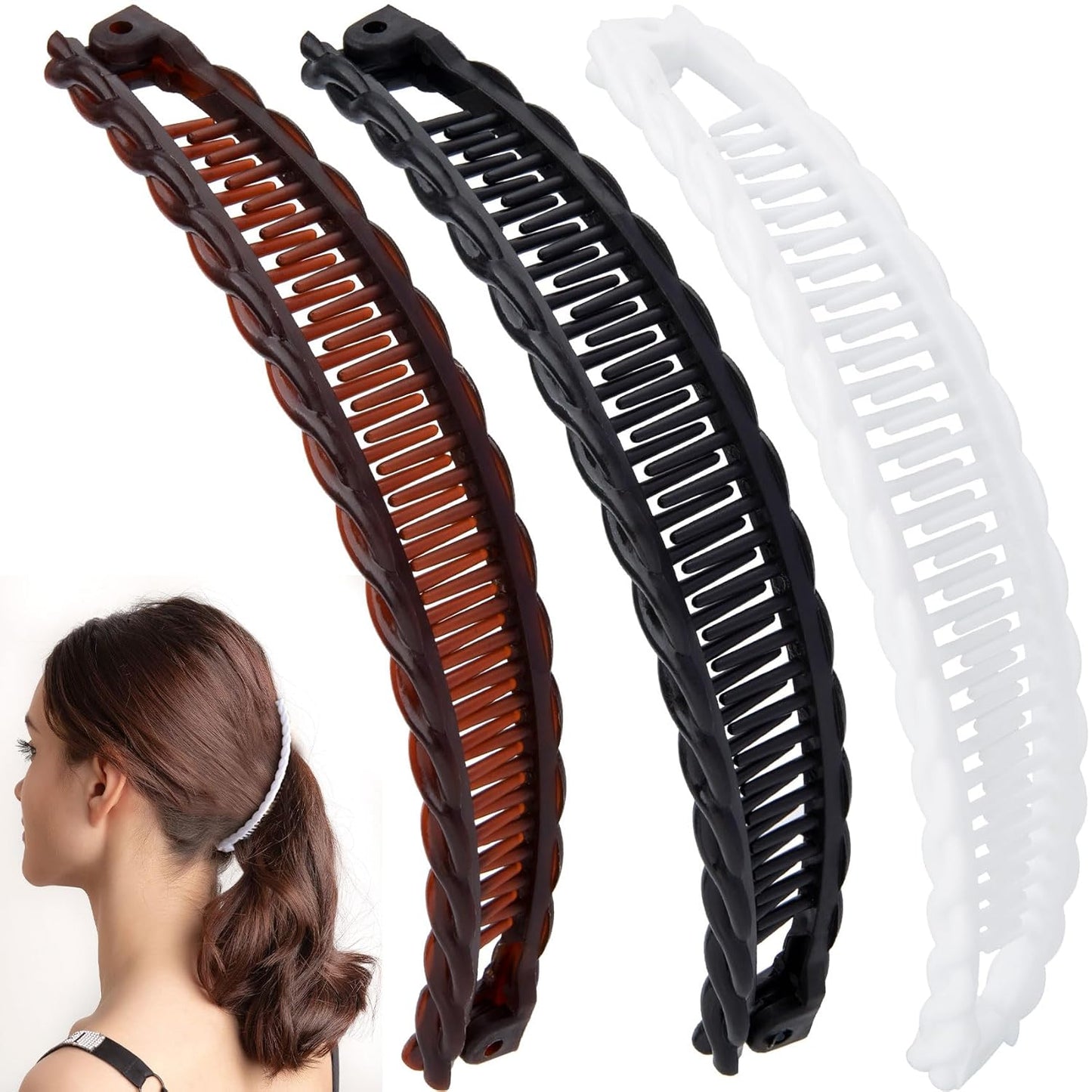 3pcs Banana Hair Clips for Women, Non-Slip Hair Claws with Double Combs, Vintage Hairpin Thick Long Curly Hair Styling Accessories for Daily, Party - Black, Brown, White (Wavy Edge)