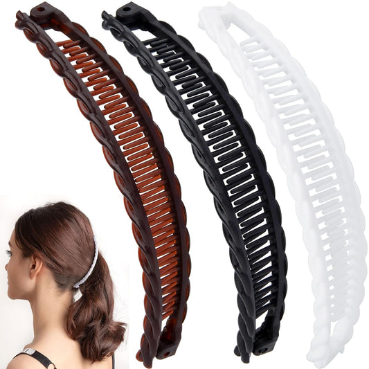 3pcs Banana Hair Clips for Women, Non-Slip Hair Claws with Double Combs, Vintage Hairpin Thick Long Curly Hair Styling Accessories for Daily, Party - Black, Brown, White (Wavy Edge)