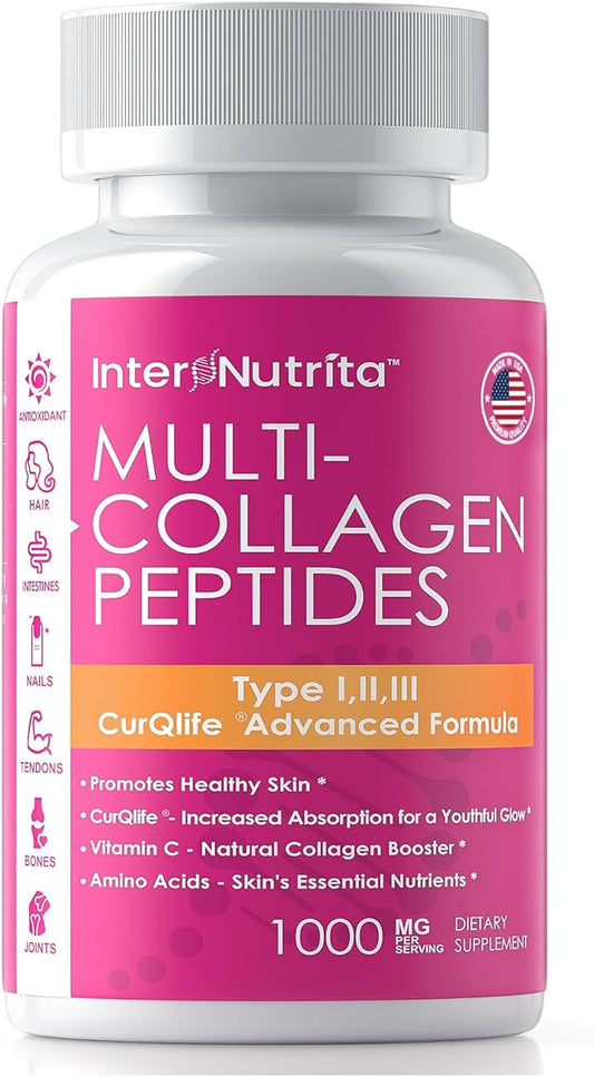 Collagen Peptides with Vitamin C, Multi Collagen Peptides Types I, II, III with Chondroitin Sulfate and Curcumin, Collagen Supplements for Skin, Hair Nail, Joint and Gut Health