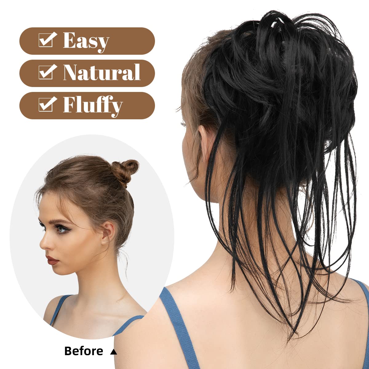 CJL HAIR Messy Bun Hair Piece Curly Hair Bun Extensions with Straight Tails Synthetic Hair Scrunchies Ponytail Hairpieces for Women Jet Black