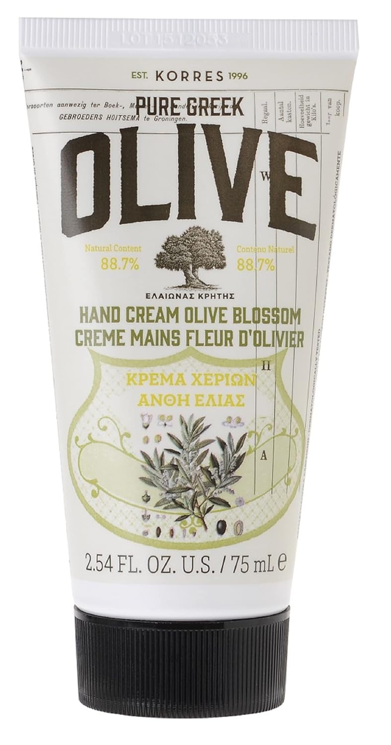 KORRES Olive Hand Cream, Nourishing and Hydrating Moisturizer with Greek Olive Oil and Antioxidants, For Soft Smooth Skin and Dry Hands, Vegan Skin Care for Women & Men, 2.54 Fl Oz
