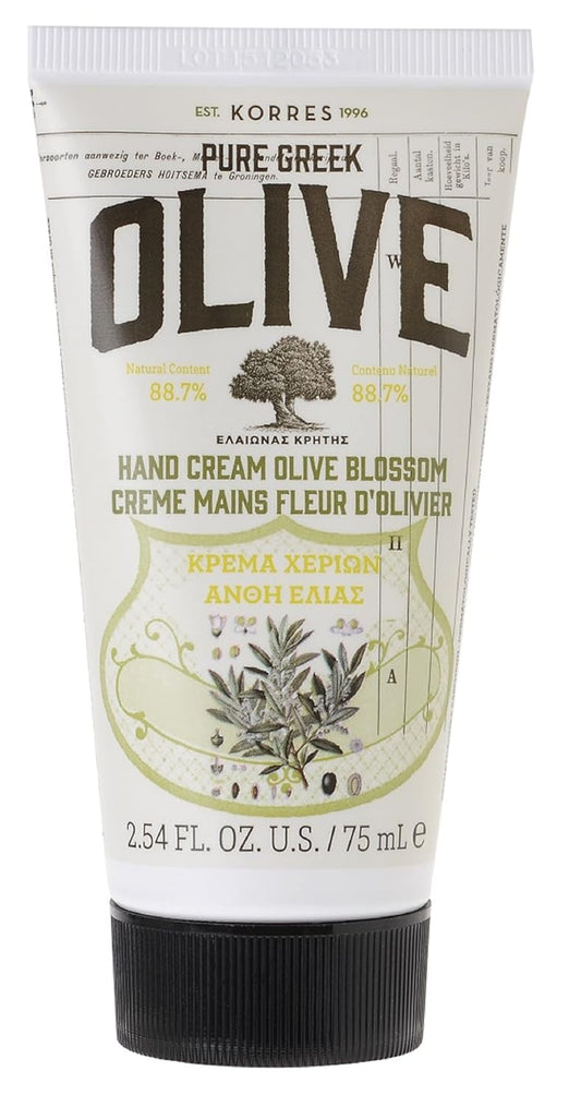 KORRES Olive Hand Cream, Nourishing and Hydrating Moisturizer with Greek Olive Oil and Antioxidants, For Soft Smooth Skin and Dry Hands, Vegan Skin Care for Women & Men, 2.54 Fl Oz