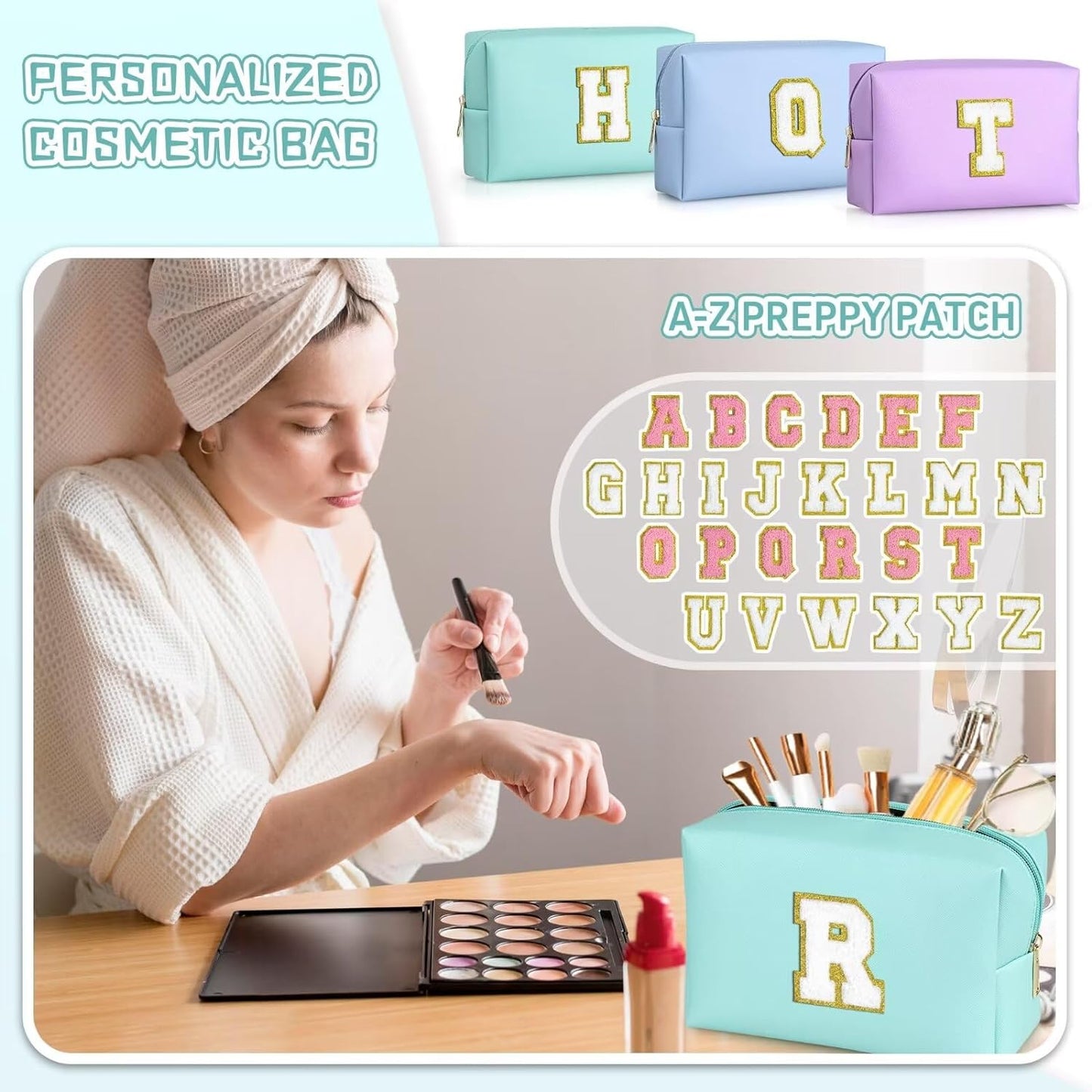 TOPEAST Initial Makeup Bags for Women, Cute Makeup Pouch, Waterproof Travel Toiletry Bag, Personalized Gifts for Girlfriend Wife on Valentine's Day Anniversary, Preppy Stuff Gift for Girl (Blue W)