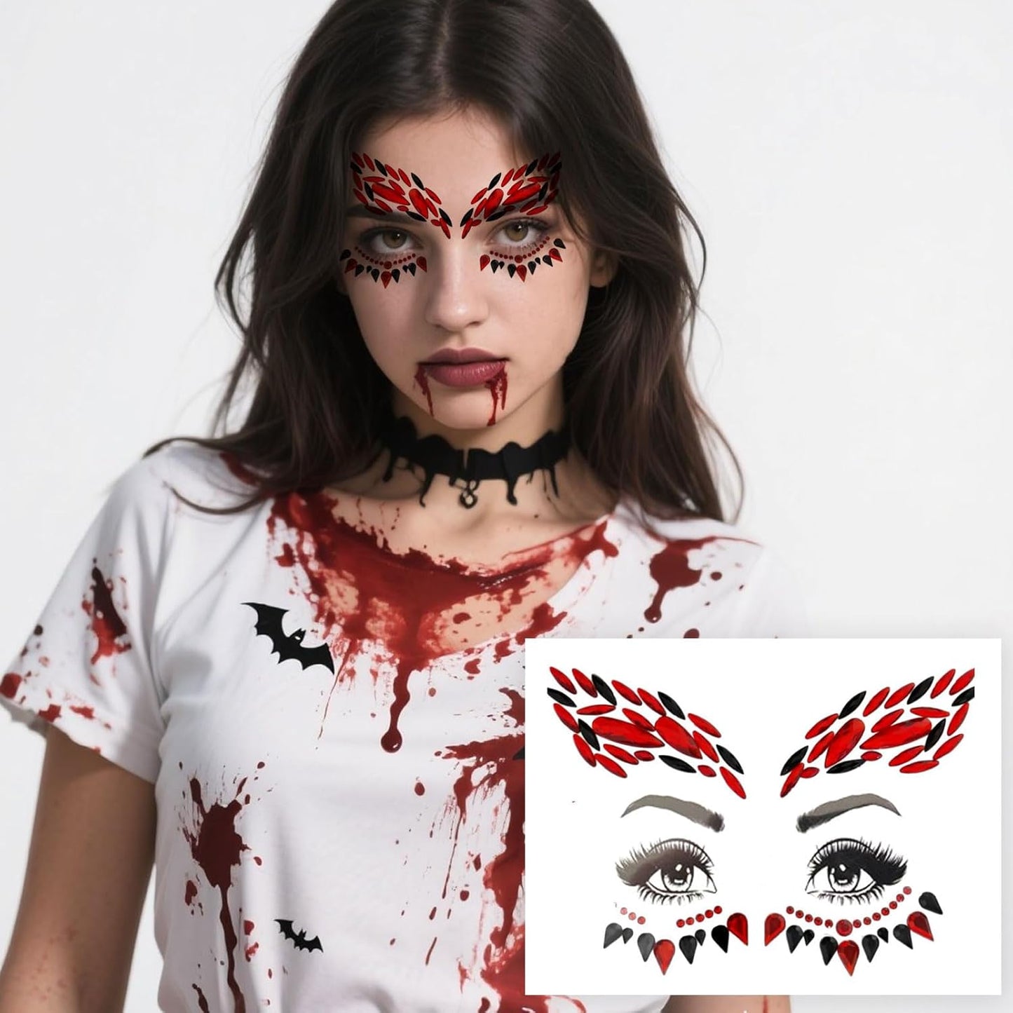 Halloween Face Tattoo Stickers Red & Black Face Gems- Rhinestones Face Decoration for Women & Kids - Vampire, Devil, Witch Costume Makeup Accessories - Spooky Face Art Supplies-2 pack