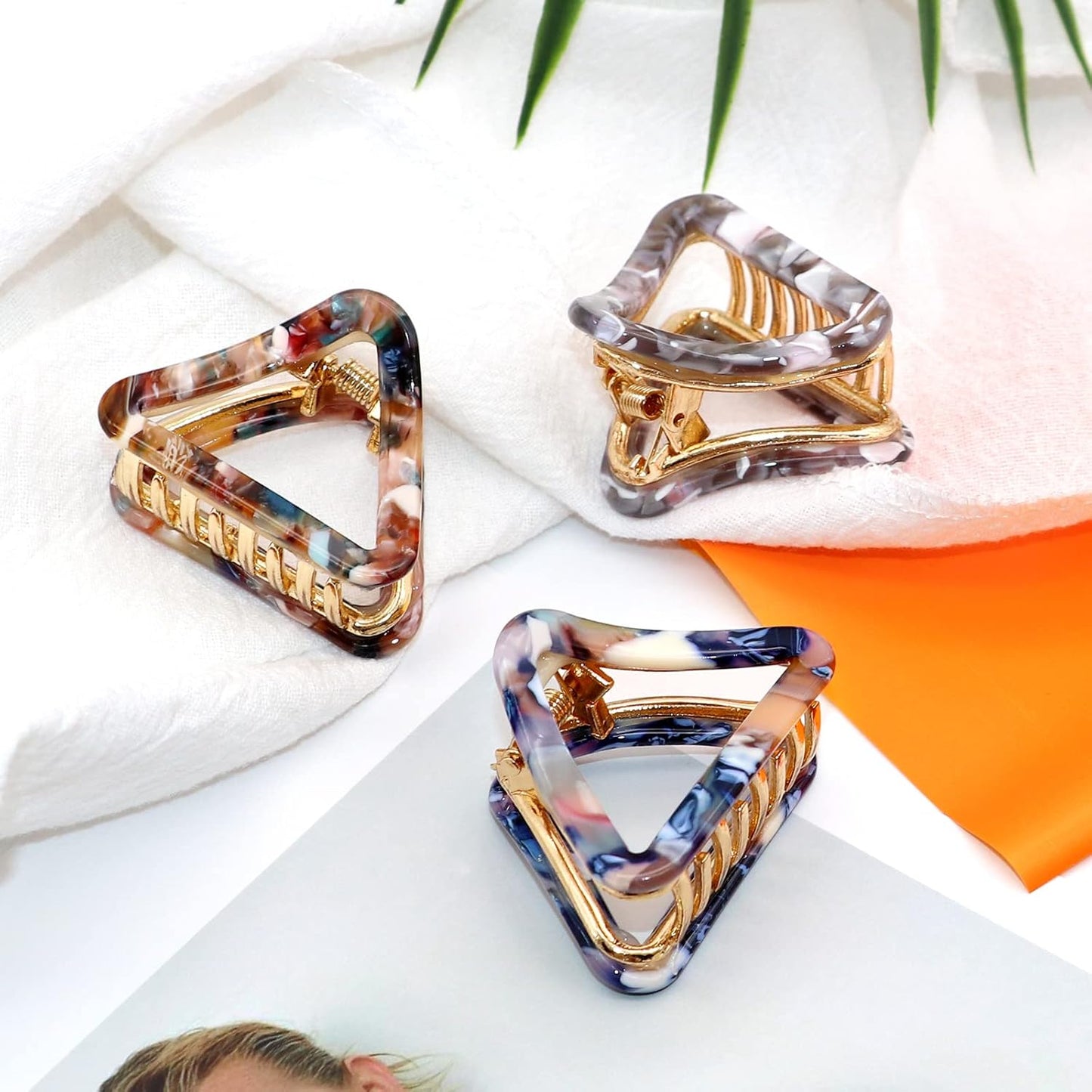 Cobahom Mini Acetate Claw Clips for Thick Hair - 3 Pcs Hollow Triangle Hair Clips for Women and Girls (Blue + Pink + Gray) 1.7 Inch